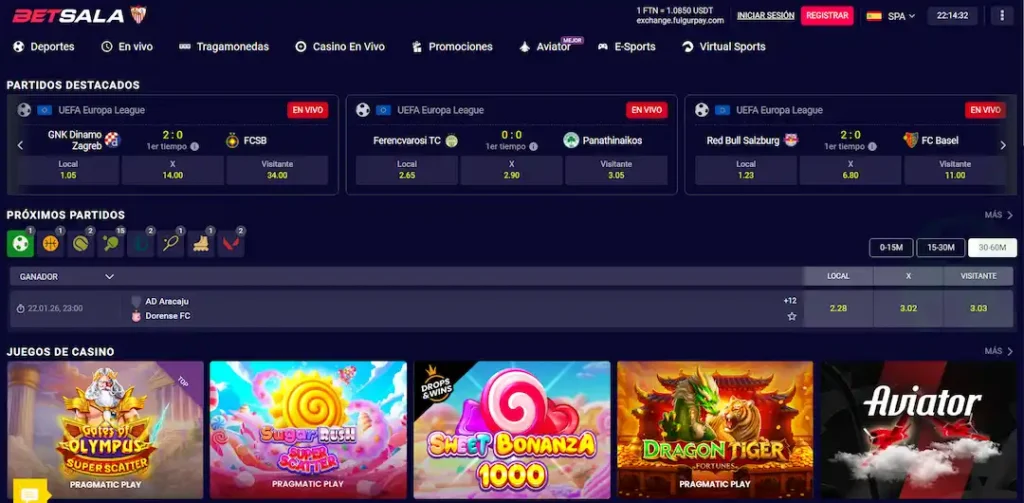 Interfaz de BetSala con apuestas deportivas en vivo y juegos de casino online